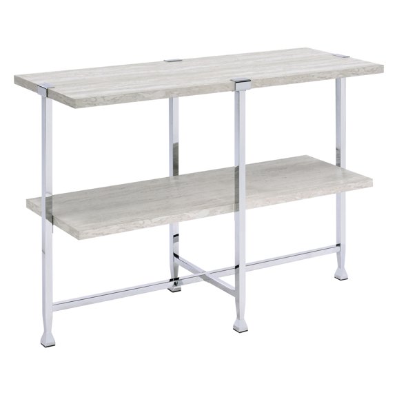 White Oak And Chrome Sofa Table with 1 Shelf | Stylish & Storage Solution for Living Room