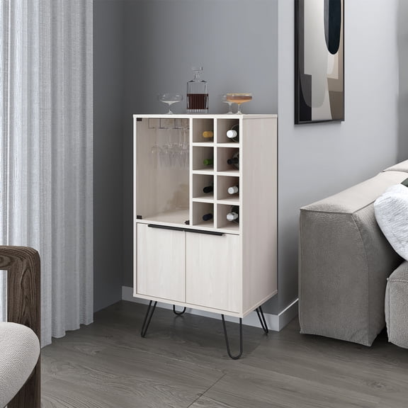 White Oak Bar Cabinet , Spacious Interior For Bottles And Glassware Display Stylish Design With Bottle Glass Storage Space