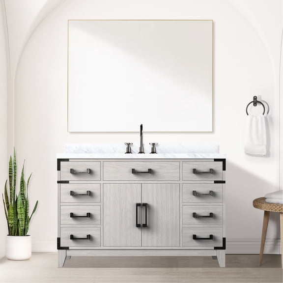 White Oak Bath Vanity 48 In. W - Soft Close Quality Solid Wood & 6 Drawers And Open Cabinet For Abundant Storage Space Area Fully Assembled Single 48x22 Aspect Composition Substantial