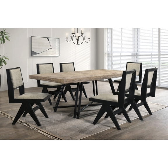 White Oak/Black Wood 7-Piece Dining Set, 84" Trestle Dining Table 6 Upholstered Side Chairs Set, Modern Dining Room Furniture