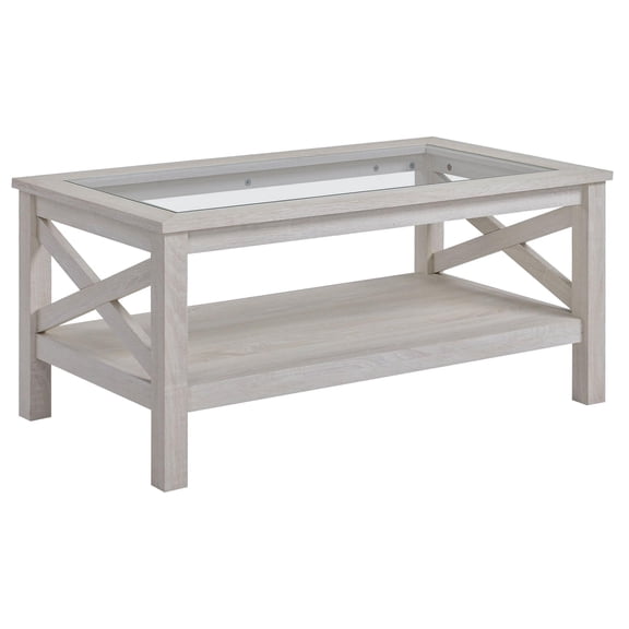 White Oak Coffee Table Tempered Glass Top Wood Frame Under Storage Shelf