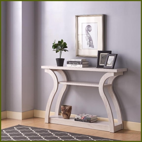 White Oak Coffee Table for Entryway/Living Room Thick Top, Curvy Legs & 2 Storage Shelves