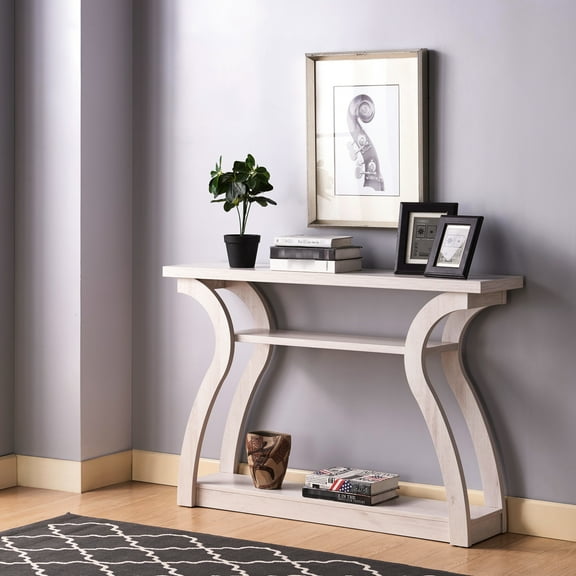 White Oak Color Entryway Console With Curvy Legs And Multiple Shelves Legged Table In Two For Storage