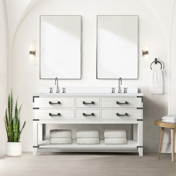 White Oak Double Bath Vanity 60 In. W X 22 D, Quartz, Faucet, 28" 36" H Mirrors With Sealed Quartz Top,