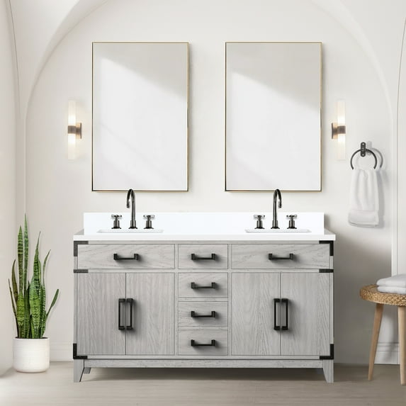 White Oak Double Bath Vanity 60x22 Inches, Includes Cultured Marble Top & Faucet 60 In. W X 22 D With Delicate