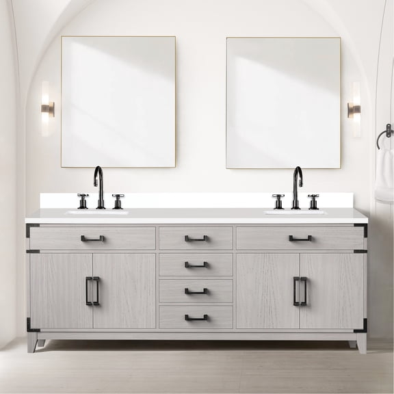 White Oak Double Bath Vanity With Quartz Top And Faucet - 84 In. W X 22 D, Soft Close Storage Compartment Drawer