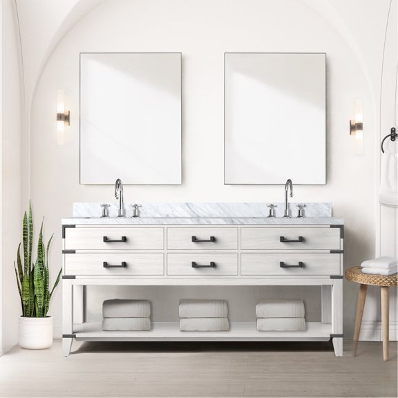 White Oak Double Vanity, 72 in. W, 22 in. D, Marble Top | Soft - close Mechanism, Ample Storage | Benefit from Hand - finished and Sealed Marble