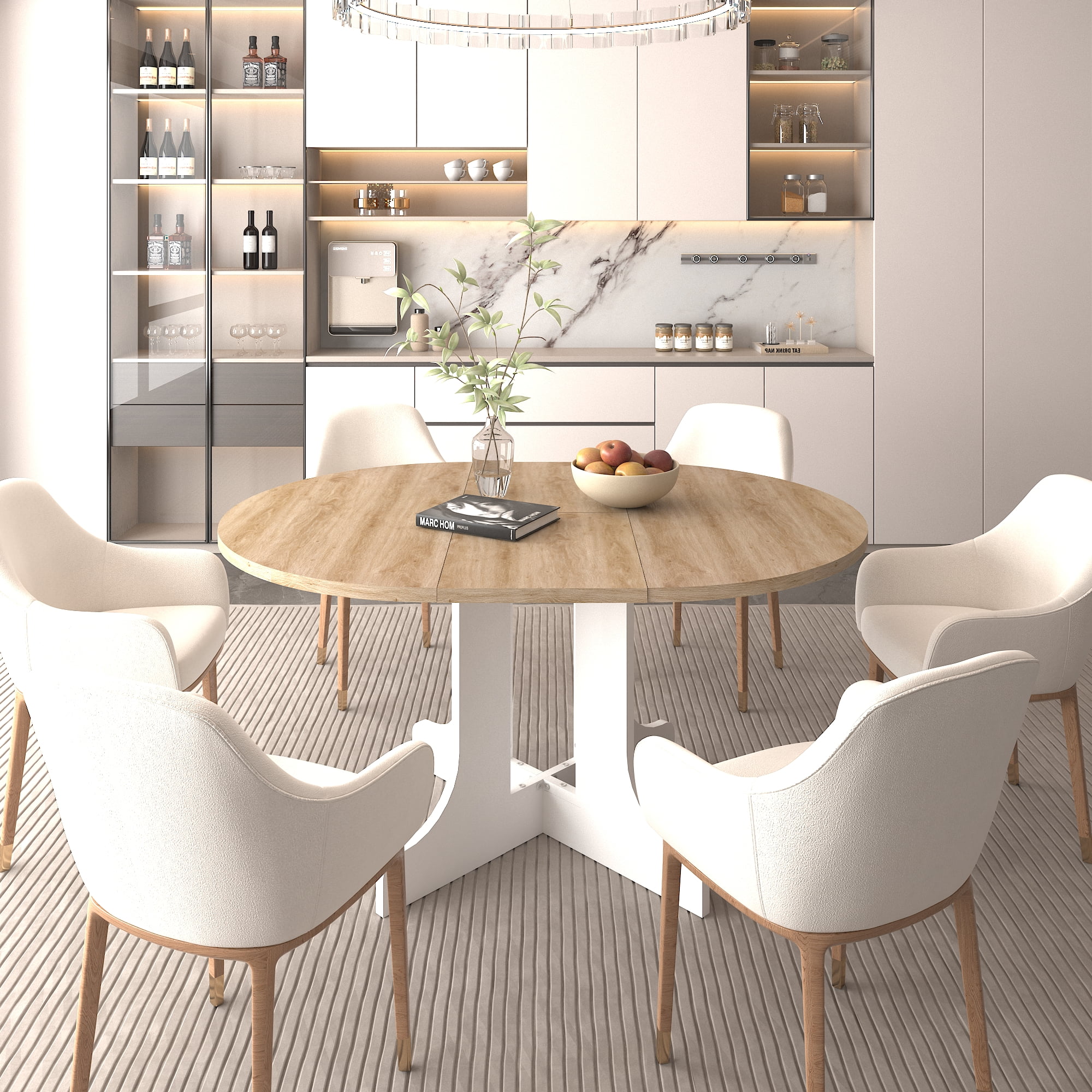 White Oak Farmhouse Dining Table with Adjustable Length, Expands from 43 to 59 Inches with Removable Leaf, Features a Sturdy X-Shaped Trestle Base and Seats Up to 6 for Family Dining