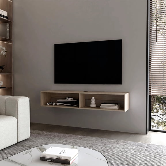 White Oak Floating Rack with 2 Shelves Holds Entertainment Components / Enhances Living Room Aesthetic