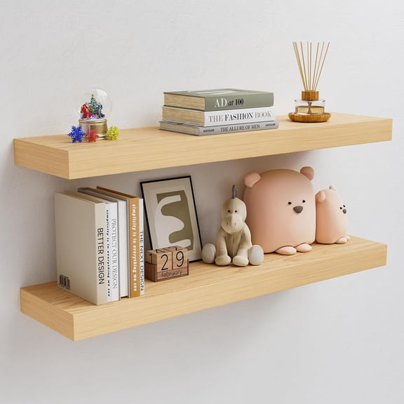 White Oak Floating Shelves, MDF with White Oak Veneer, 2 Inch Thick Sturdy Wood Floating Shelves for Wall, 32 x 8 Wall Shelves for Kitchen Living Room Bathroom, 50LBS Capacity, 2-Piece