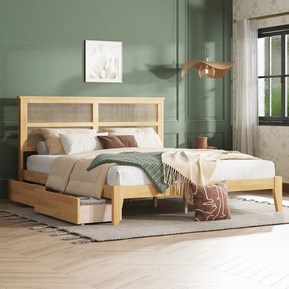 White Oak King Size Bed having Rattan Headboard and Two Storage Drawers, Constructed with Rubber Wood, for Enhanced Support