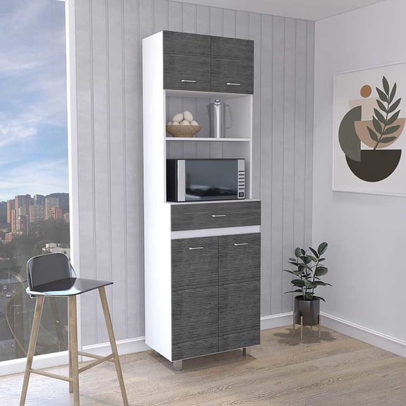 White/ Oak Kitchen Appliance Cabinet - Four Legs, One Drawer, Double Door, Shelf Door In With Bottom Modern Storage