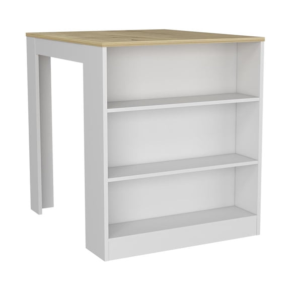 White & Oak Kitchen Counter Dining Table - Modern, 3 Open Shelves For Decorative And Storage Displays Oak, Modern With