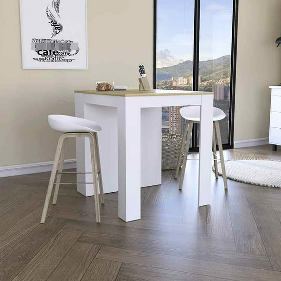 White / Oak Kitchen Counter Table, 36.72 In. Deep - Modern Open Shelf Storage Style Dining Particle Board Construction