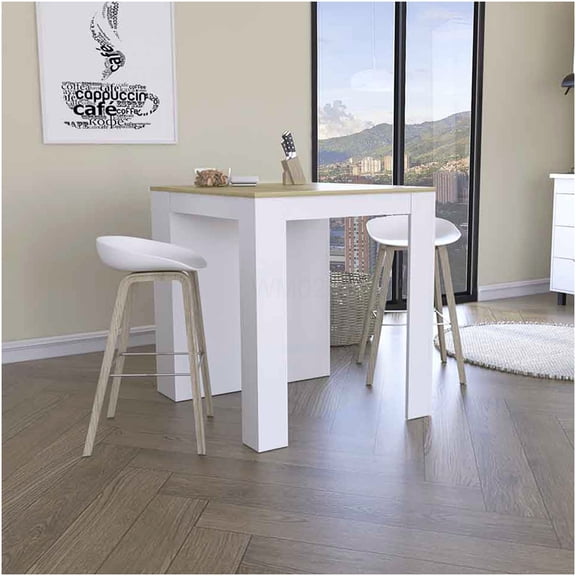 White Oak Kitchen Counter Table with Storage Shelves, Modern 2-Leg Dining Table for Small Spaces