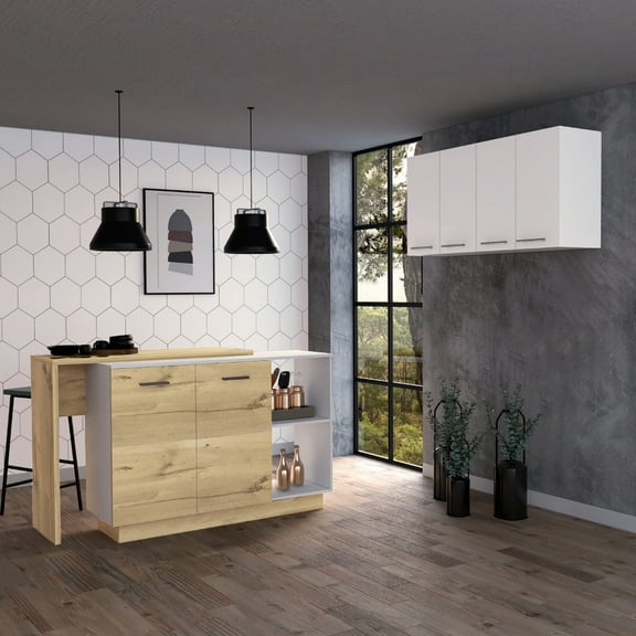 White & Oak Kitchen Island And Cabinet - 4 Shelves, 6 Doors, Storage Wall With Shelves Doors