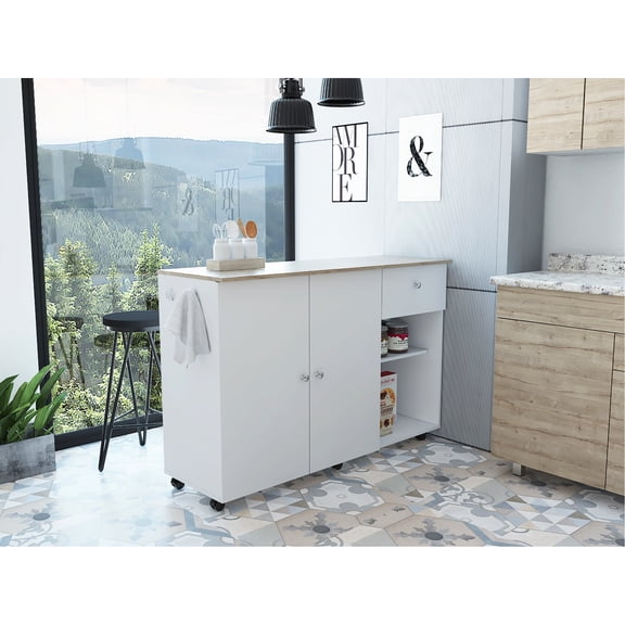 White/ Oak Kitchen Island Cart With Two Towel Hangers, Four Interior Shelves, One Drawer, Double Door Cabinet, Handy Storage Modern Cabinet - Oak, Compact Option