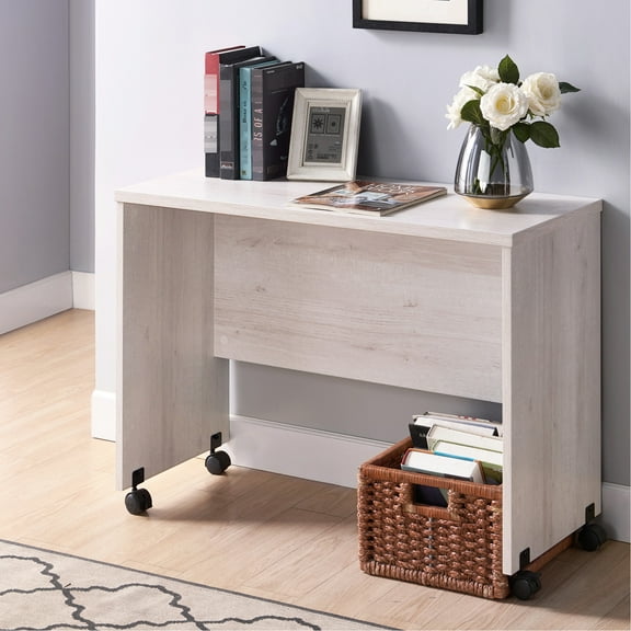 White Oak Mid-century Desk With Four Wheeled Movement And Backside Enhancement Option On Rollable Wheels Modesty Panel