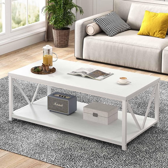 White Oak Modern Coffee Table With Storage Shelf, 47 Inch Rectangle Wood And Metal Center Table
