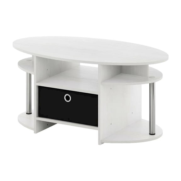 White Oak Oval Coffee Table with Storage Bin and Stainless Steel Tubes