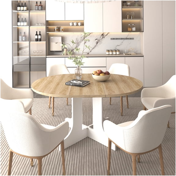 White Oak Oval Expandable Dining Table with X-Shaped Trestle Base, Farmhouse Kitchen Table for 6