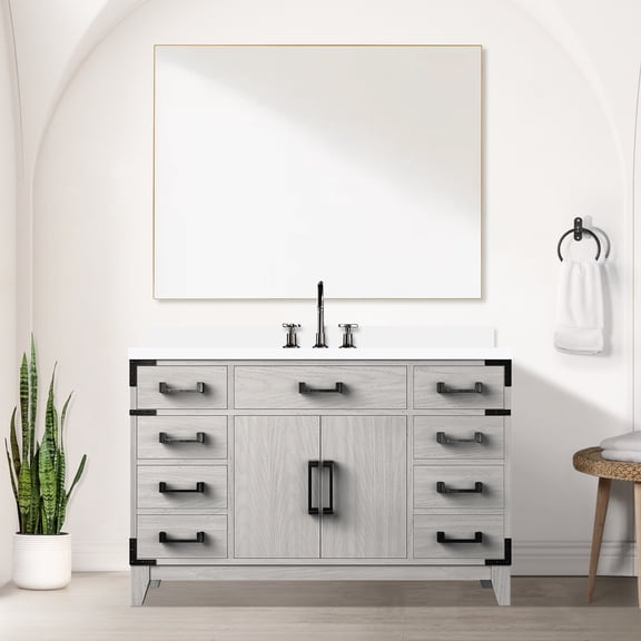 White Oak Single Bath Vanity 48 In. With Marble Slab, Faucet Included, 46 Mirror - Luxurious Cabinet, Polished Top, Faucet, Elegant Bathroom Addition