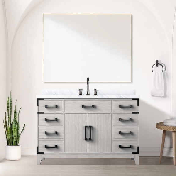 White Oak Single Bath Vanity with Polished Marble | Soft Close Function for Quiet Closure, Six Drawers for Storage Variety | Enjoy the Convenience of Included Faucet and Sealed Marble