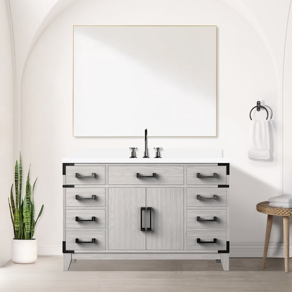 White Oak Single Bathroom Vanity 48" X 22", Cultured Marble Top, Faucet , 46" Mirror - Quality Craftsmanship Bath 48 In. With Slab, Included, 46 Luxurious