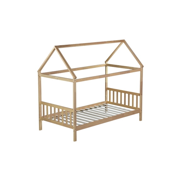 White Oak Twin House Bed Frame with Headboard & Footboard | Durable Rubber Wood | Spacious Underbed Storage | Minimalist Design for Bedroom | Easy Assembly