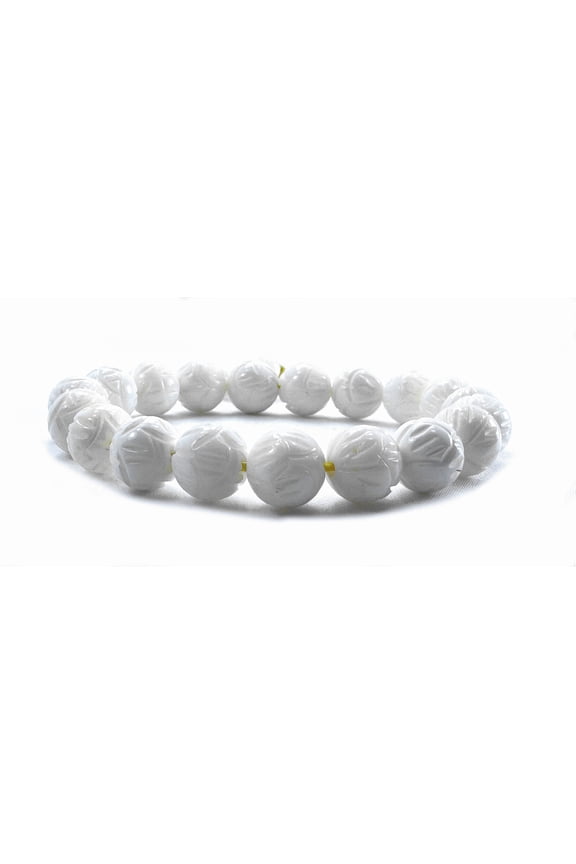 White Obsidian Stone Bracelet, Carved Lotus Design, Tibetan Buddhist Prayer Meditation Bracelet, Women, Men, 10mm