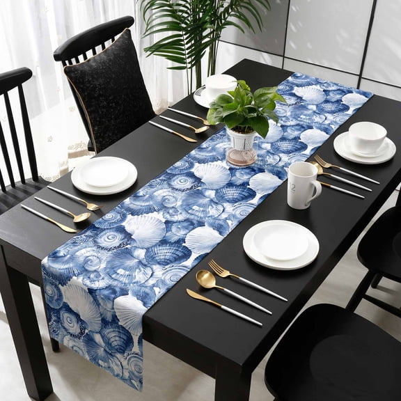 White Ocean Conch Cotton Linen Table Extra Long Runner 13 x 120 inch Summer Coastal Nautilus Retro Non-slip Rectangular Dining Table Decor for Wedding Party Holiday Dinner
