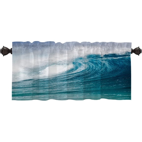 White Ocean Ocean Valance Curtains,Azure Landscape Wave Window Treatment Kitchen Valances Multilayer Polyester for Living Room/Bathroom, 52x18 inches