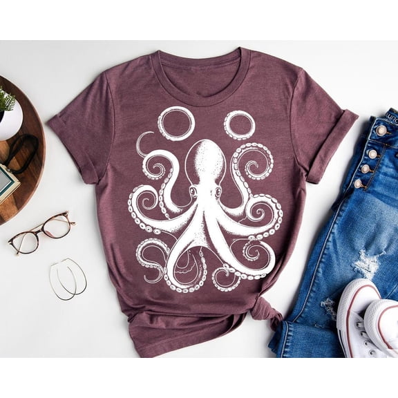 White Octopus T-Shirt: Minimalist Ocean Graphic Tee TSHIRT All Size S-5XL