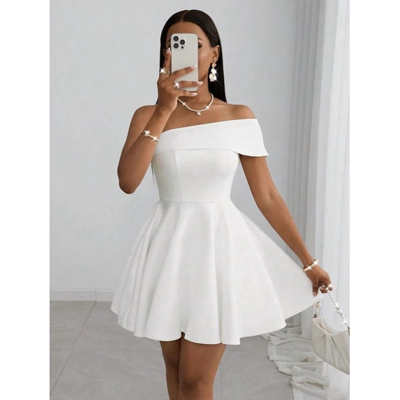 White Off-Shoulder Fit & Flare Mini Dress For Party Wedding Dinner