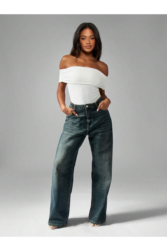 White Off Shoulder Fold-Over Bardot Bodysuit Stretch Slim Fit