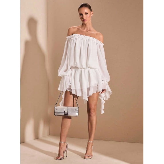 White Off Shoulder Puff Sleeve Ruffle Mini Dress With Asymmetric Hem For Evening Or Date