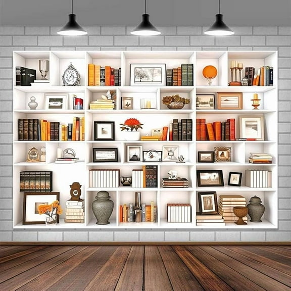 White Office Backdrop Modern Bookcase Photography Video Background Library Bookshelf Home Office Decoration Zoom Backdrops for Photography