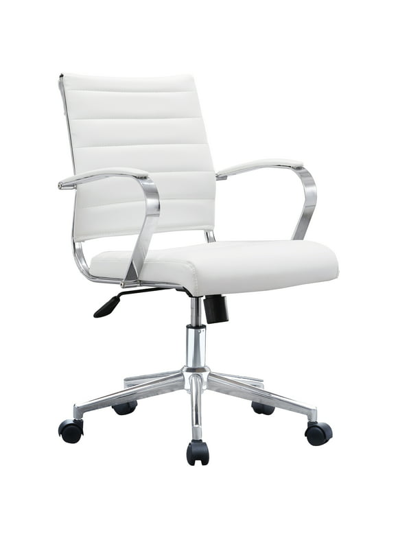 White Office Chair Ribbed Modern Ergonomic Mid Back PU Leather With Cushion Seat Task Swivel Tilt Arms Conference Room Chairs, Manager, Executive, Boss