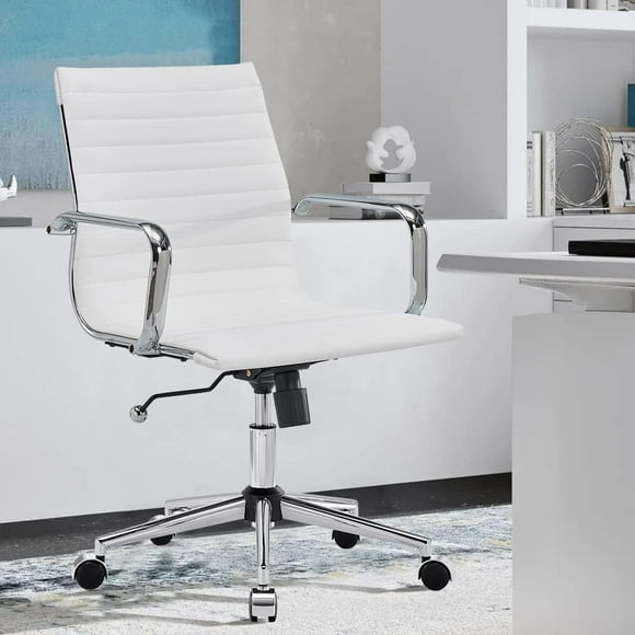 White Office Chairs Computer Conference Swivel Chair with Wheels and Arms Leather Home Office Desk Chair Mid Back Adjustable Chairs for Girls