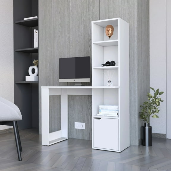 White Office Desk For Efficient Offices, With Strong 4 Bookcase And Hidden Storage Vault Bin