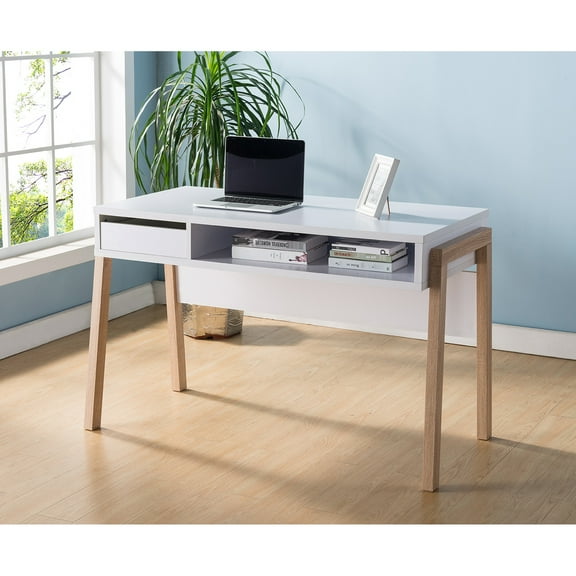 White Office Desk With Hidden Storage , Drawer And /outlet Computer Desk. Shelve, /outlet. Stable. 47.16 In. Depth, 23.4 Width, 30.08 Height. 54.88 Lb. Max 10lb Shelf, 5lb