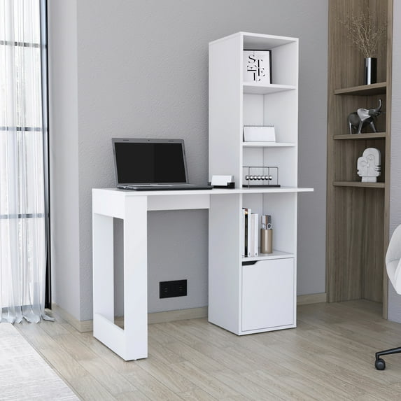 White Office Desk With 4 Bookcase And Organized Cabinet For Efficiency Rectangular Computer