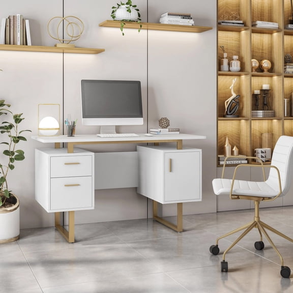 White Office Desk with Drawers and Storage Cabinet, Floating MDF Desktop with Gold Metal Legs