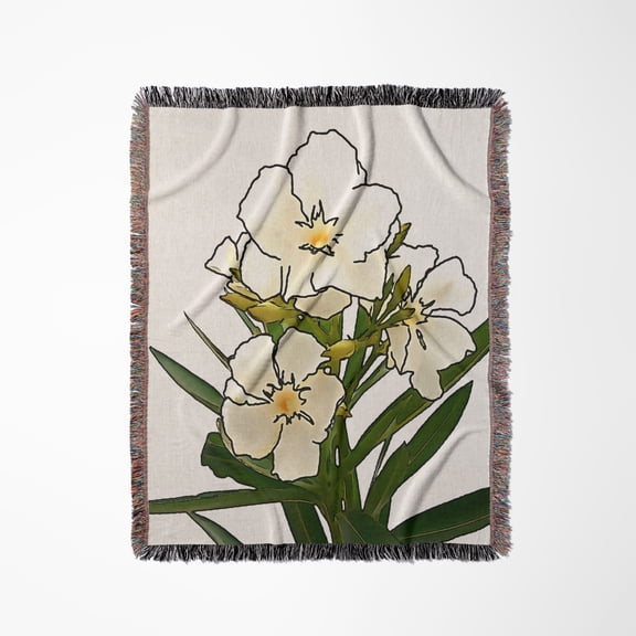 White Oleander Black Outline Art On White, Woven Blanket