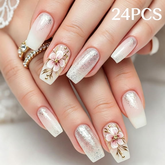 White Ombre Press On Nails, 24PCS Medium Coffin Pink Floral Gold Glitter Rhinestone Fake Nail Tips, Wearable Nail Kit with Nail Glue & File, Full Cover Stick on Nails for Women Manicure Decor