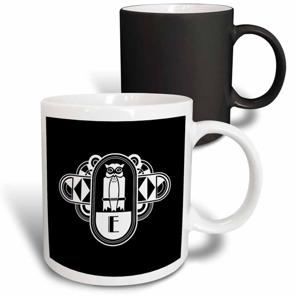 3drose, White on Black Art Deco Owl Monogram Letter E, 11oz Magic Transforming Mug