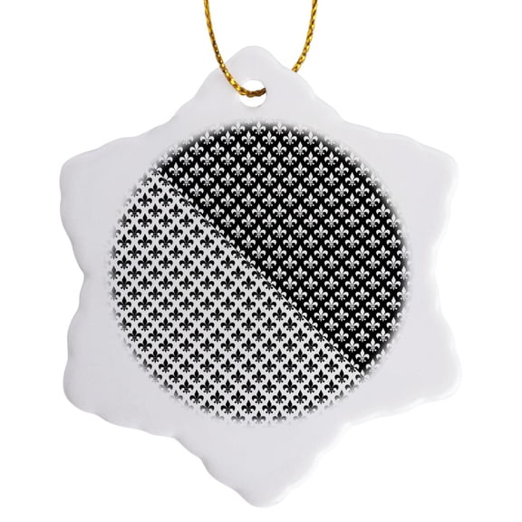 3drose, White on Black or Black on White Fleur - De - Lis Floral Pattern., 3 inch Snowflake Porcelain Ornament