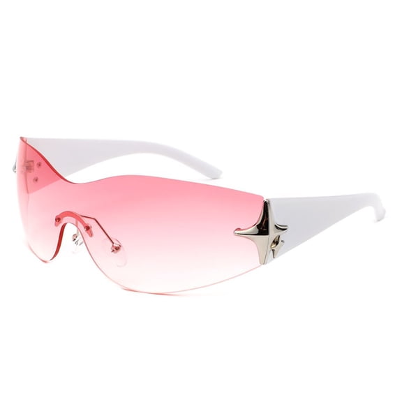 White One-Piece Sunglasses with Pink Gradient Lens & Metal Star Accent, UV Protection Stylish Shades, Trendy Fashion Sunglasses for Women