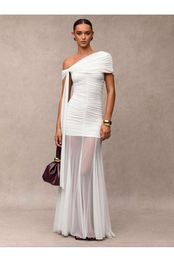 White One-Shoulder Ruched Maxi Dress Formal Evening Gown
