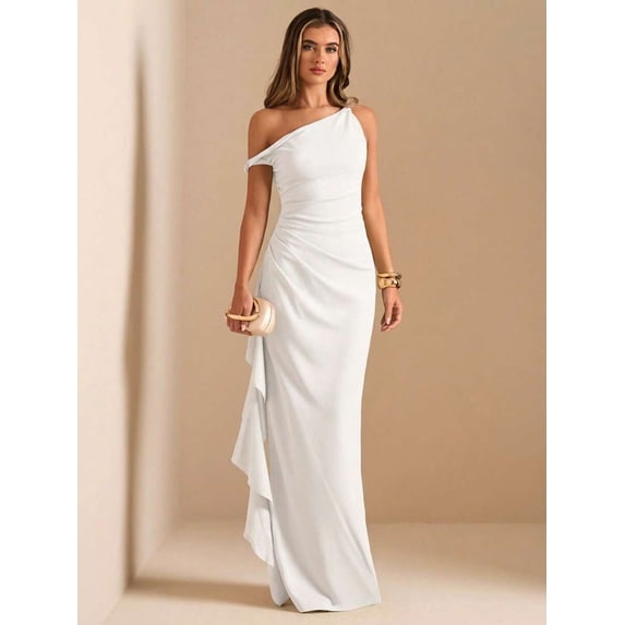 White One Shoulder Ruched Wrap Maxi Dress With Asymmetrical Ruffle Hem And Draped Detail
